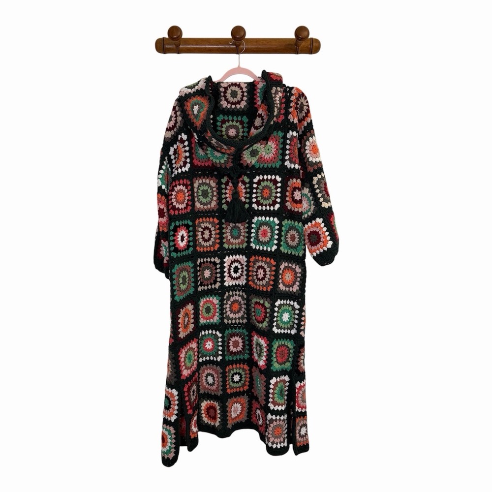 VTG Handmade Crochet Granny Square Hooded Cardigan Duster Coat Tassles Heavy